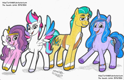 Size: 6330x4077 | Tagged: safe, artist:artistnjc, hitch trailblazer, izzy moonbow, pipp petals, zipp storm, earth pony, pegasus, pony, unicorn, g5, my little pony: make your mark, bracelet, colored, female, group, jewelry, looking at you, male, mare, open mouth, smiling, spread wings, stallion, traditional art, wings
