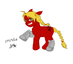 Size: 800x700 | Tagged: dead source, safe, artist:zjg, earth pony, pony, 2011, amputee, anime, crossover, cybernetic legs, edward elric, fullmetal alchemist, grin, looking at you, male, ponified, prosthetic leg, prosthetic limb, prosthetics, rule 85, simple background, smiling, solo, stallion, tail, white background