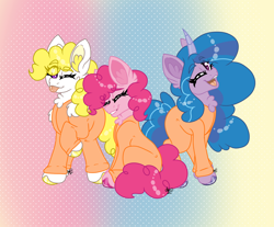 Size: 2240x1855 | Tagged: safe, artist:honeyofpeaches, izzy moonbow, pinkie pie, surprise, earth pony, pegasus, pony, unicorn, g1, g4, g5, clothes, female, happy, jumpsuit, mare, never doubt rainbowdash69's involvement, one eye closed, prison outfit, prisoner im, prisoner pp, trio, wink