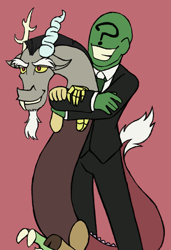 Size: 1597x2333 | Tagged: safe, artist:theedgyduck, discord, oc, oc:anon, draconequus, human, g4, clothes, duo, holding a draconequus, hug, male, question mark, simple background, suit