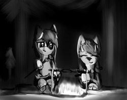 Size: 4480x3508 | Tagged: artist needed, source needed, safe, oc, oc only, oc:katka, oc:misty, hybrid, campfire, duo, forest, grayscale, monochrome, nature, project:wundr, tree