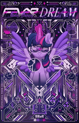 Size: 4400x6800 | Tagged: safe, artist:sol-r, twilight sparkle, alicorn, pony, g4, detailed background, eyes closed, eyewear, front view, glowing, glowing horn, horn, magic, magic aura, solo, spread wings, text, twilight sparkle (alicorn), wings