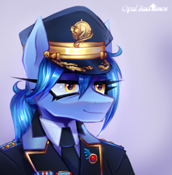 Size: 2450x2485 | Tagged: safe, artist:opal_radiance, oc, oc only, oc:blue bolt, pegasus, anthro, anthro oc, clothes, female, gradient background, high res, pegasus oc, signature, smiling, solo, uniform