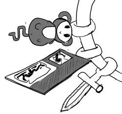 Size: 640x600 | Tagged: safe, artist:ficficponyfic, monkey, colt quest, anus, cyoa, dagger, id card, keychain, monochrome, no pony, object, simple background, simplistic anus, story included, weapon, white background