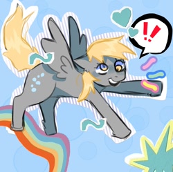 Size: 1080x1074 | Tagged: safe, artist:coc0pepper, derpy hooves, pegasus, pony, g4, blue background, exclamation point, female, head, mare, rainbow, simple background, smiling, solo, spread wings, wings
