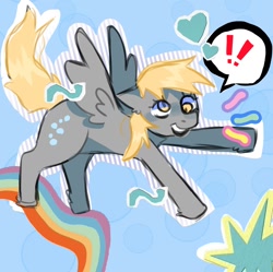 Size: 1080x1074 | Tagged: safe, artist:coc0pepper, derpy hooves, pegasus, pony, g4, blue background, exclamation point, female, head, mare, rainbow, simple background, smiling, solo, spread wings, wings, x0000 milestone