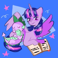 Size: 1080x1087 | Tagged: safe, artist:coc0pepper, spike, twilight sparkle, alicorn, dragon, pony, g4, blue background, book, cute, duo, duo male and female, female, lying down, male, mama twilight, mare, prone, reading, simple background, sleeping, squiggles, stars, twilight sparkle (alicorn)