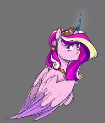 Size: 1684x1965 | Tagged: safe, artist:stellardoodles, princess cadance, alicorn, pony, g4, alternate hairstyle, crown, crystal horn, crystallized horn, female, gray background, horn, jewelry, looking back, mare, regalia, simple background, solo