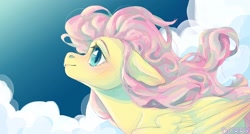 Size: 2048x1096 | Tagged: safe, artist:dorry, fluttershy, pegasus, pony, g4, blushing, bust, cloud, ear blush, ears back, female, looking up, mare, sky, smiling, solo, windswept mane