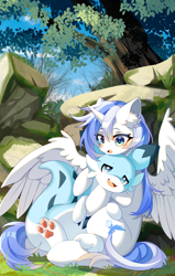Size: 2200x3461 | Tagged: safe, artist:alus, oc, oc:ori, chillet, dragon, pegasus, pony, :3, cuddling, cute, ear fluff, fangs, hug, lidded eyes, open mouth, palworld, paw pads, paws, sitting, smiling, spread wings, toe beans, underpaw, wing fluff, wings
