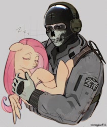 Size: 1530x1817 | Tagged: safe, artist:siennaghost, fluttershy, human, pegasus, pony, g4, call of duty, call of duty: modern warfare 2, clothes, crossover, cute, duo, duo male and female, female, gray background, holding a pony, male, mare, military uniform, onomatopoeia, shyabetes, simple background, sound effects, uniform, zzz