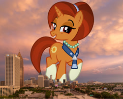 Size: 1875x1524 | Tagged: safe, artist:cheezedoodle96, edit, editor:jaredking779, stellar flare, pony, unicorn, g4, atlanta, attack on pony, coat markings, female, georgia (state), giant pony, giantess, grin, highrise ponies, irl, jewelry, looking at you, macro, mare, necklace, pearl necklace, photo, ponies in real life, raised hoof, red eyes, smiling, socks (coat markings), solo, story included