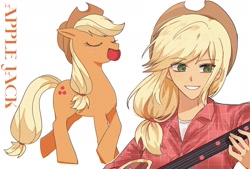 Size: 1775x1200 | Tagged: safe, artist:dontforgety0u, applejack, earth pony, human, pony, g4, apple, cute, eyes closed, female, floppy ears, food, grin, guitar, human ponidox, humanized, jackabetes, mare, mouth hold, musical instrument, name, self paradox, self ponidox, simple background, smiling, solo, white background