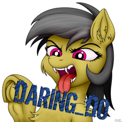 Size: 3500x3500 | Tagged: safe, artist:sassysvczka, daring do, pegasus, pony, g4, angry, bust, cheek fluff, chest fluff, ear fluff, fangs, frog (hoof), logo, open mouth, portrait, rawr, scary, simple background, text, tongue out, transparent background, underhoof