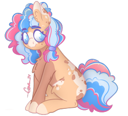 Size: 1472x1336 | Tagged: safe, artist:trashpanda czar, oc, oc only, oc:cotton candy, earth pony, body markings, chest fluff, ear fluff, female, hair tie, looking at you, mare, poofy mane, simple background, sitting, transparent background