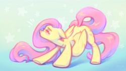 Size: 4096x2304 | Tagged: safe, artist:amishy, fluttershy, pegasus, pony, g4, abstract background, blush lines, blushing, cute, emanata, eyes closed, female, floppy ears, high res, mare, shyabetes, solo, stretching