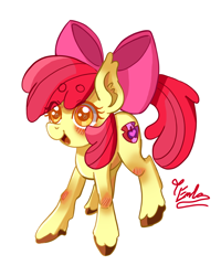 Size: 2400x3000 | Tagged: safe, artist:redlaserartist, apple bloom, earth pony, pony, g4, blushing, female, filly, foal, open mouth, simple background, smiling, solo, unshorn fetlocks, white background