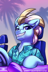 Size: 2000x3000 | Tagged: safe, alternate version, artist:jedayskayvoker, oc, oc only, oc:miami machine, earth pony, pony, blue eyes, bust, car, clothes, earth pony oc, eyebrows, grand theft auto, grin, hawaiian shirt, high res, looking at you, male, not lightning dust, portrait, shirt, signature, smiling, smiling at you, solo, stallion, staring at you, tommy vercetti