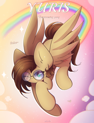 Size: 2200x2900 | Tagged: safe, artist:miryelis, oc, oc only, oc:yuris, pegasus, pony, big ears, female, flying, glasses, looking at you, mare, rainbow, smiling, solo, text, wings
