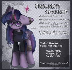 Size: 2350x2300 | Tagged: safe, artist:miryelis, twilight sparkle, alicorn, pony, g4, alternate universe, bandage, bandaged horn, clothes, horn, infection au, jumper, long hair, looking at you, solo, standing, text, twilight sparkle (alicorn), virus