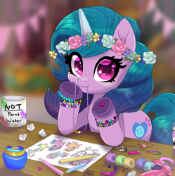 Size: 2893x2900 | Tagged: safe, artist:horsesrnaked, derpibooru exclusive, izzy moonbow, pony, unicorn, g5, anime eyes, banner, beads, big head, blue mane, blue tail, bracelet, candle, craft, crumpled paper, cute, eraser, floral head wreath, flower, friendship bracelet, frog (hoof), implied hitch trailblazer, implied misty brightdawn, implied pipp petals, implied sunny starscout, implied zipp storm, izzybetes, jar, jewelry, kuzco's poison, looking at you, mouth hold, mug, pen cap, pencil, pencil drawing, ribbon, rubber band, screencap background, smiling, smiling at you, solo, string, table, tail, underhoof
