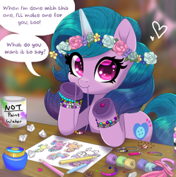 Size: 2893x2900 | Tagged: safe, alternate version, artist:horsesrnaked, derpibooru exclusive, izzy moonbow, pony, unicorn, g5, anime eyes, banner, beads, big head, blue mane, blue tail, bracelet, bronybait, candle, craft, crumpled paper, cute, dialogue, eraser, eye clipping through hair, floral head wreath, flower, friendship bracelet, frog (hoof), heart, hoof heart, implied hitch trailblazer, implied misty brightdawn, implied pipp petals, implied sunny starscout, implied zipp storm, izzybetes, jar, jewelry, kuzco's poison, looking at you, mouth hold, mug, pen cap, pencil, pencil drawing, ribbon, rubber band, screencap background, smiling, smiling at you, solo, speech bubble, string, table, tail, talking, talking to viewer, underhoof