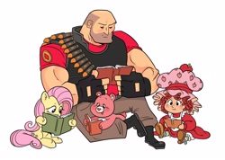 Size: 2844x2026 | Tagged: dead source, safe, artist:quazies, fluttershy, bear, human, pegasus, pony, g4, book, care bears, cheer bear, crossover, female, heavy weapons guy, high res, male, mare, reading, simple background, sitting, strawberry shortcake, strawberry shortcake (character), team fortress 2, white background