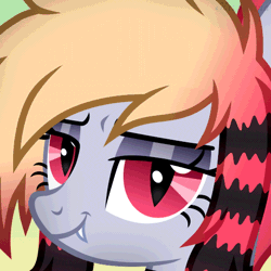 Size: 512x512 | Tagged: safe, artist:kichimina, oc, oc only, oc:batty bliss, bat pony, pony, animated, bat pony oc, eyebrow wiggle, eyeshadow, fangs, gif, gradient background, gradient mane, lidded eyes, looking at you, makeup, show accurate, smiling, smiling at you, smirk, solo