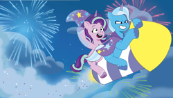 Size: 2400x1350 | Tagged: safe, artist:prixy05, starlight glimmer, trixie, pony, unicorn, g4, g5, my little pony: tell your tale, clothes, duo, duo female, female, fireworks, g4 to g5, generation leap, hat, mare, rocket, toy interpretation, trixie's hat, trixie's rocket