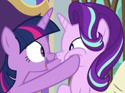 Size: 1118x834 | Tagged: safe, screencap, starlight glimmer, twilight sparkle, alicorn, pony, unicorn, g4, season 9, the beginning of the end, boop, cropped, duo, duo female, female, hooves on cheeks, mare, nose wrinkle, noseboop, squishy cheeks, twilight sparkle (alicorn), twilight's office