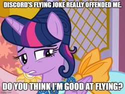 Size: 659x499 | Tagged: safe, edit, edited screencap, screencap, twilight sparkle, alicorn, pony, g4, make new friends but keep discord, caption, clothes, dress, gala dress, image macro, imgflip, implied discord, question, talking to viewer, text, twilight sparkle (alicorn)