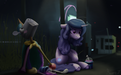 Size: 3255x2020 | Tagged: safe, artist:rerrtiz, izzy moonbow, señor butterscotch, pony, unicorn, g5, drink, female, fight club, floppy ears, frown, high res, mare, night, sad, signature, sitting, smoothie