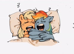 Size: 3500x2570 | Tagged: safe, artist:pipicangshuya32397, applejack, rainbow dash, earth pony, pegasus, pony, g4, bed, drool, duo, female, lesbian, mare, onomatopoeia, open mouth, pillow, ship:appledash, shipping, sleeping, sound effects, zzz