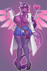 Size: 3000x4500 | Tagged: safe, artist:nauth, oc, oc:nebula the dragon, cyborg, dracony, hybrid, unicorn, anthro, big breasts, breasts, celestia's dragon breeding program, clothes, commission, cybernetic arm, cybernetic wings, egg, female, glasses, hatching, high heels, huge breasts, interspecies offspring, lab coat, offspring, parent:spike, parent:twilight sparkle, parents:twispike, scientist, sexy, shoes, solo, wide hips, wings