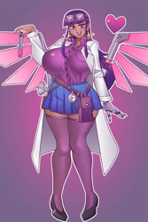 Size: 3000x4500 | Tagged: safe, artist:nauth, oc, oc only, oc:nebula the dragon, cyborg, human, hybrid, anthro, equestria girls, g4, big breasts, breasts, celestia's dragon breeding program, clothes, commission, cybernetic arm, cybernetic wings, egg, female, gradient background, hatching, high heels, huge breasts, lab coat, offspring, parent:spike, parent:twilight sparkle, parents:twispike, scientist, sexy, shoes, solo, wide hips, wings