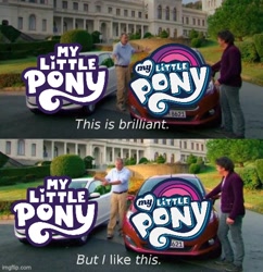 Size: 500x516 | Tagged: safe, editor:railpony, screencap, human, g4, g5, caption, duo, duo male, imgflip, jeremy clarkson, logo, male, meme, my little pony logo, no pony, op is based, richard hammond, text, this is brilliant but i like this, top gear