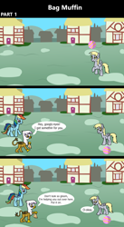 Size: 1920x3516 | Tagged: safe, artist:platinumdrop, derpy hooves, gilda, rainbow dash, griffon, pegasus, pony, comic:bag muffin, g4, 3 panel comic, abuse, bag, ball, blank flank, building, bully, bullying, chickub, closed mouth, comic, commission, derpybuse, dialogue, female, filly, filly derpy, filly rainbow dash, foal, folded wings, grass, happy, insult, li'l gilda, mocking, open mouth, outdoors, paper bag, playing, ponyville, raised hoof, sad, scrunchy face, smiling, smug, smug smile, speech bubble, spread wings, talking, trio, trio female, wings, younger