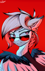 Size: 1080x1722 | Tagged: safe, artist:cmdrtempest, oc, oc only, oc:vvensual99, pegasus, female, looking back, mare, red background, simple background, solo, sunglasses, wings