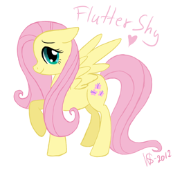 Size: 1000x1000 | Tagged: safe, artist:xlilacnialldoex, fluttershy, pegasus, pony, g4, 2012, female, heart, looking at you, mare, name, raised hoof, signature, simple background, smiling, solo, spread wings, text, white background, wings, wrong cutie mark