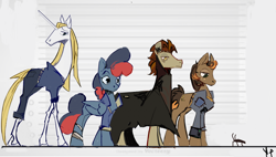 Size: 1280x727 | Tagged: safe, artist:megalura, oc, oc only, cockroach, earth pony, insect, pegasus, pony, unicorn, fallout equestria, clothes, coat, female, height difference, long legs, male, mare, physique difference, size chart, size comparison, slender, stallion, tall, thin, thin legs