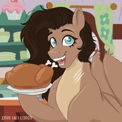 Size: 2048x2048 | Tagged: safe, artist:jjsh, oc, oc only, oc:jennifer jones stars, pegasus, pony, birthmark, blue eyes, bone, chicken meat, cupcake, cute, fangs, female, fluffy, food, fried chicken, happy, high res, holding, hoof hold, kitchen, long hair, long mane, looking at you, mare, meat, open mouth, plate, scar, sitting, smiling, smiling at you, solo, teeth, wings