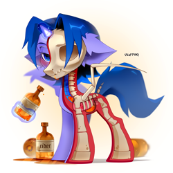 Size: 2398x2398 | Tagged: safe, artist:zlatavector, oc, oc:bender watt, alicorn, pony, skeleton pony, alcohol, blushing, bone, chibi, cider, commission, cross section, dissectibles, drink, drinking, esophagus, high res, liquid, looking at you, magic, quadrupedal, skeleton, spread wings, standing, stomach, swallowing, wings, ych result, your character here