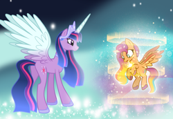 Size: 1280x883 | Tagged: safe, artist:hate-love12, sunny starscout, twilight sparkle, alicorn, pony, g4, g5, the last problem, base used, butt, butt tail, concave belly, g5 to g4, generation leap, height difference, mane stripe sunny, older, older twilight, older twilight sparkle (alicorn), plot, princess twilight 2.0, race swap, sunny and her heroine, sunnycorn, tall, twilight sparkle (alicorn)