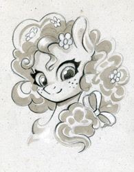 Size: 779x1000 | Tagged: safe, artist:maytee, pear butter, earth pony, pony, g4, bust, female, flower, flower in hair, freckles, mare, pencil drawing, portrait, ribbon, simple background, sketch, smiling, solo, traditional art