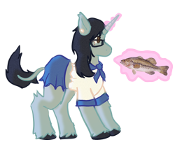 Size: 1610x1417 | Tagged: safe, artist:clandestine, fish, pony, unicorn, clothes, glasses, glowing, glowing horn, horn, piercing, ponified, school uniform, simple background, skirt, skrillex, solo, transparent background