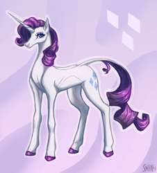 Size: 2180x2408 | Tagged: safe, artist:smilychi, rarity, pony, unicorn, g4, colored hooves, cutie mark background, female, mare, purple background, signature, simple background, slender, solo, sternocleidomastoid, thin