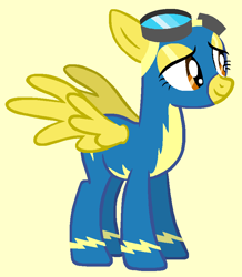 Size: 741x850 | Tagged: artist needed, source needed, safe, artist:ameliagirls53, edit, oc, oc only, pegasus, pony, g4, season 1, the best night ever, bald, base, clothes, eyelashes, female, goggles, goggles on head, lidded eyes, mare, simple background, smiling, solo, tan background, uniform, wonderbolts, wonderbolts uniform