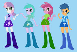 Size: 889x608 | Tagged: safe, artist:selenaede, artist:sillykids63, aura (g4), first base, ruby pinch, sweetie belle, series:my little filly: friendship is magic, equestria girls, g4, adorabase, aurabetes, base used, blue background, boots, bowtie, clothes, cute, cutie mark on clothes, cutie mark on skirt, diasweetes, equestria girls-ified, female, girly girl, jacket, mane four, pinchybetes, ribbon, shirt, shoes, simple background, smiling, tomboy
