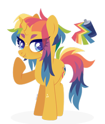 Size: 1920x2279 | Tagged: oc name needed, safe, artist:kabuvee, oc, oc only, pony, unicorn, bags under eyes, blue eyes, colored pupils, female, freckles, front view, horn, leg freckles, lidded eyes, lip piercing, mare, multicolored hair, piercing, rainbow hair, raised hoof, simple background, solo, standing, transparent background, unicorn oc