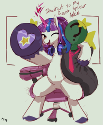 Size: 783x948 | Tagged: safe, cassette jam, oc, oc:anon, pony, unicorn, g5, aggie.io, belly, belly button, chair, female, headphones, heart, hoof heart, looking at you, magic, mare, necktie, one eye closed, open mouth, pillow, raised hoof, simple background, sitting, smiling, solo, stars, sticker, text, underhoof, wink